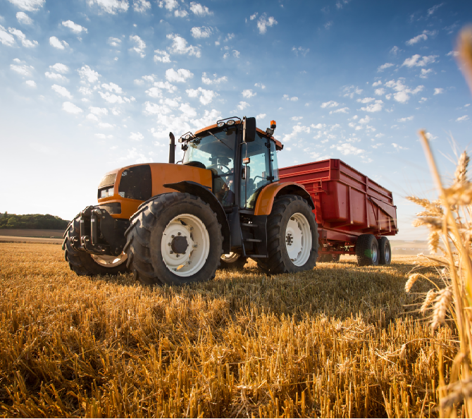 traktor s vlečkou na pokosenom obilnom poli 